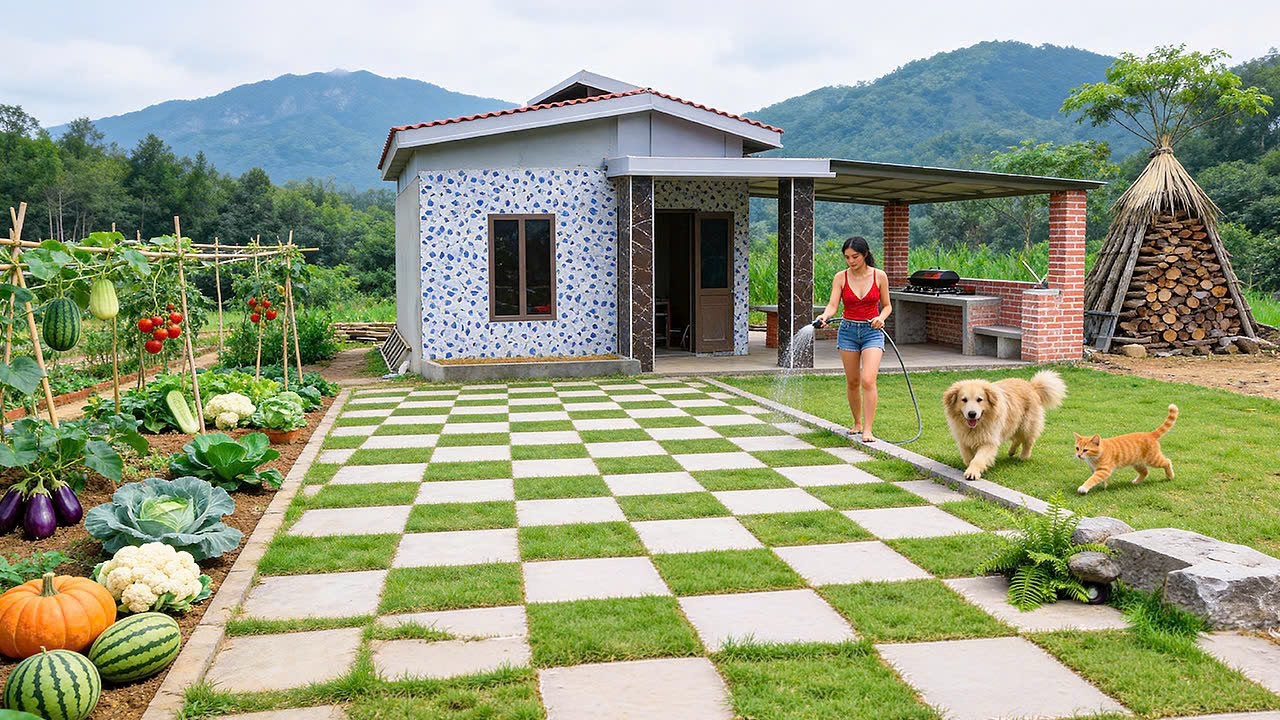 Building a Front Yard with Concrete Bricks and Staggered Grass | Phương Building