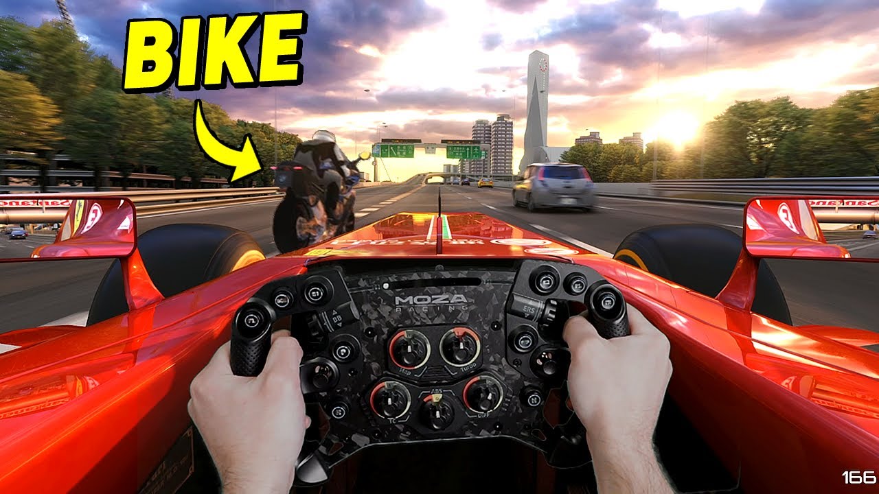 F1 Car vs Biker Between AI Traffic! - Assetto Corsa