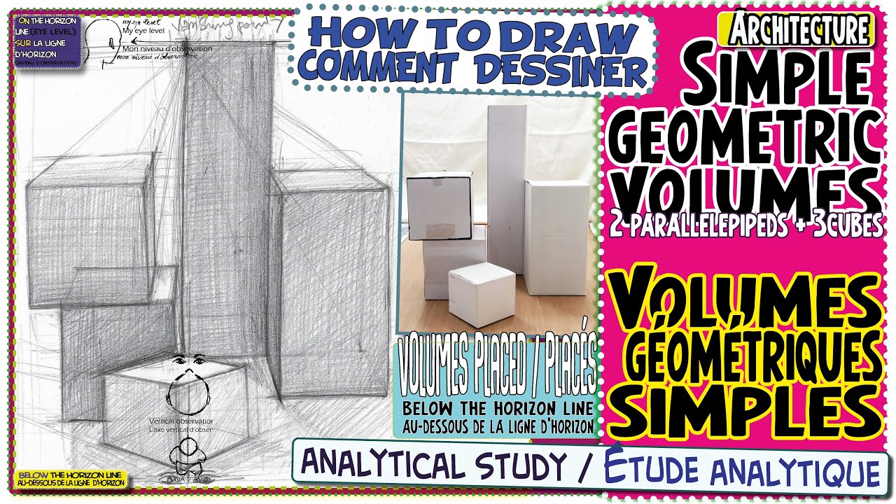 How to draw an architectural composition 3 cubes and 2 parallelepipeds (oblique perspective) ?