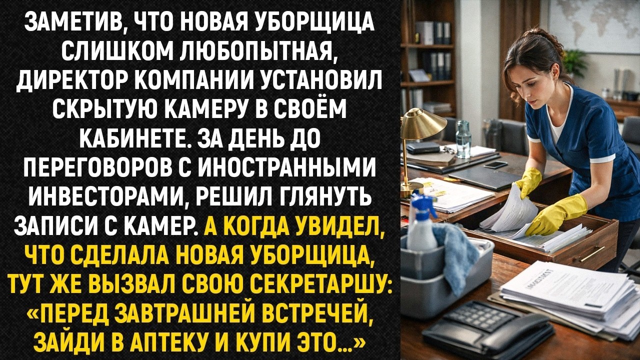 Заметив любопытство новой уборщицы, директор установил в кабинете скрытую камеру.