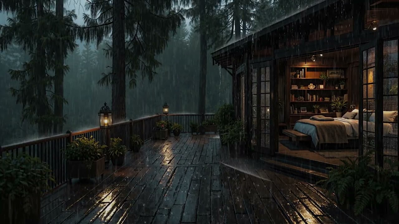 Light Forest Rain on a Wooden Cabin 🌧️ Peaceful Indoor Night Sounds | 4K – No Ads