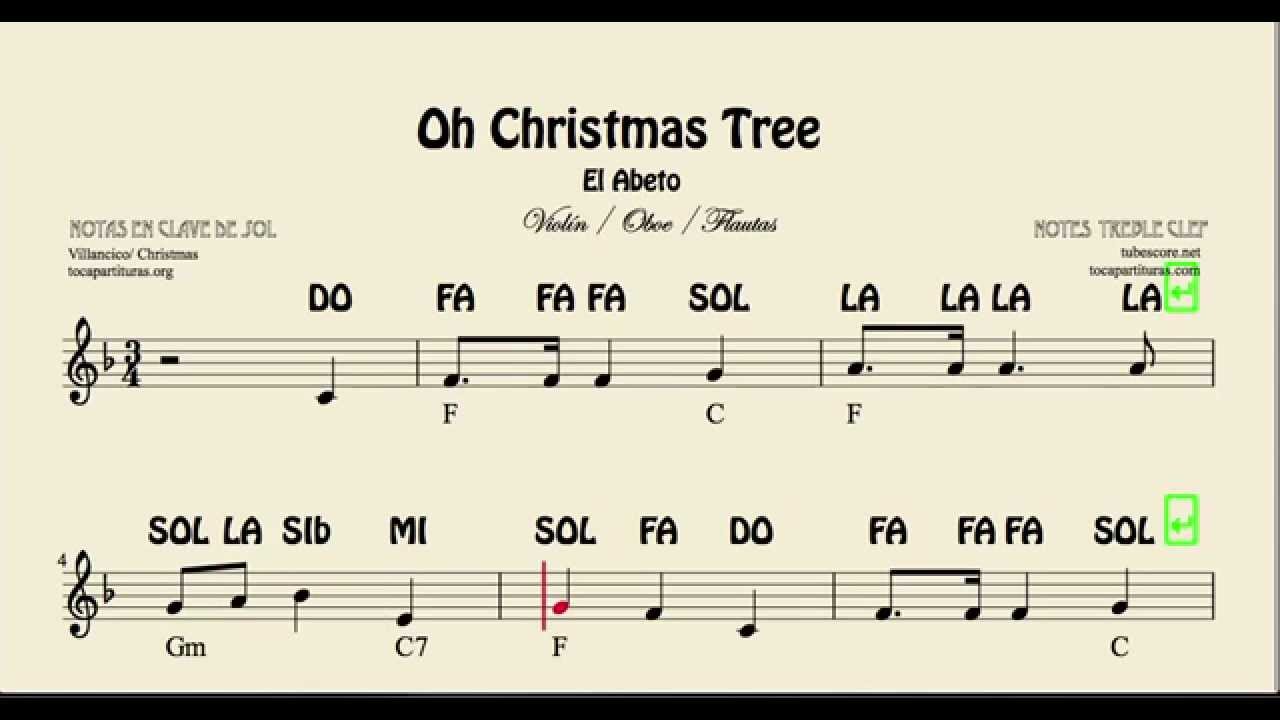 El Abeto Partitura con Notas de Viol&iacute;n Flauta Oboe Oh Christmas Tree Partituras para principiantes