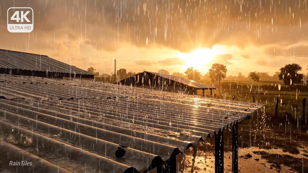 Rain on Metal Roof at Sunset (4K) | Calming Natural Rain Sounds for Sleep & Study (3 Hours)