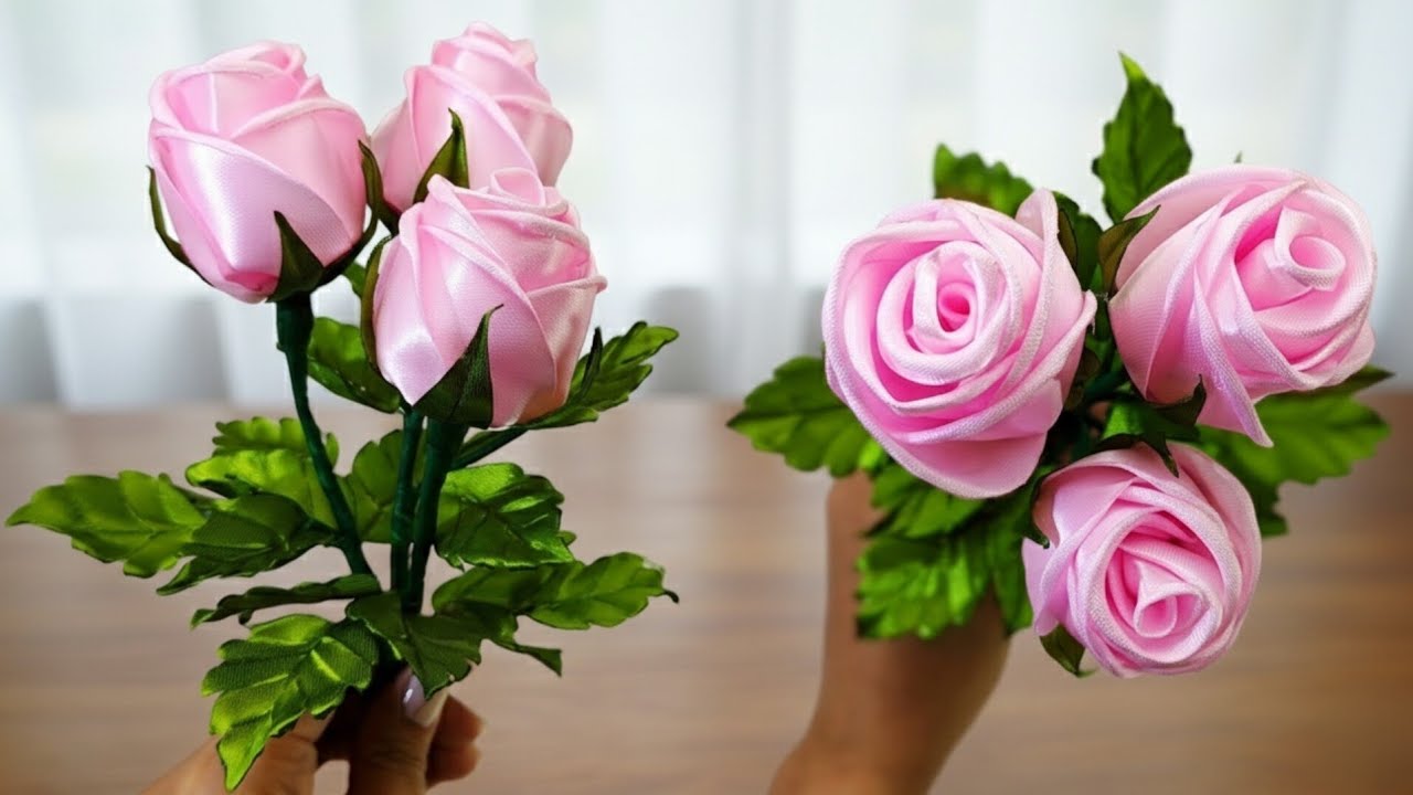 DIY ribbon roses/how to make beautiful rose flower with satin ribbon/ day 2