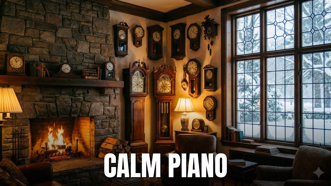 Calm Piano, Crackling Fire & Vintage Clock | Snowy Winter Cabin Ambience for Relax & Sleep