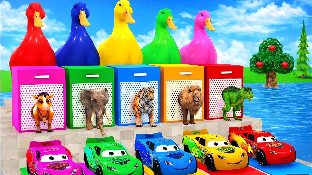 Long Slide Game With Elephant Gorilla Buffalo Hippopotamus Tiger - 3d Animal Game - Gigo Colour 01