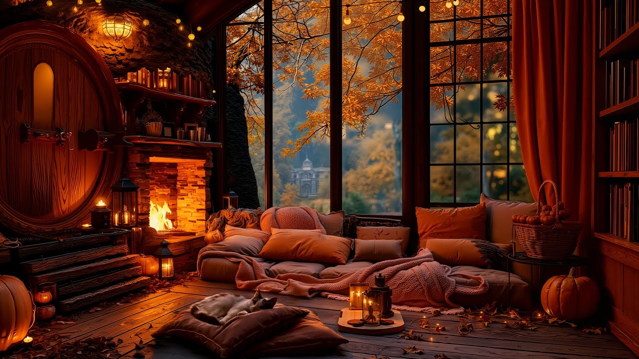 Autumn Day Home 🌧🍁Cozy Autumn Home Ambience with Rain & Fire Cracking Sounds to Work, Focus, Study