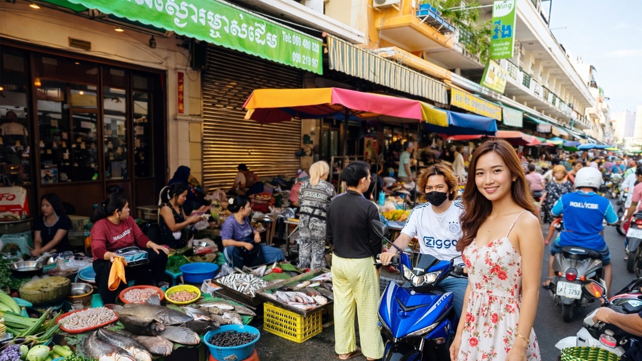 Fish market in Phnom Penh, Cambodia 4K motorbike ride