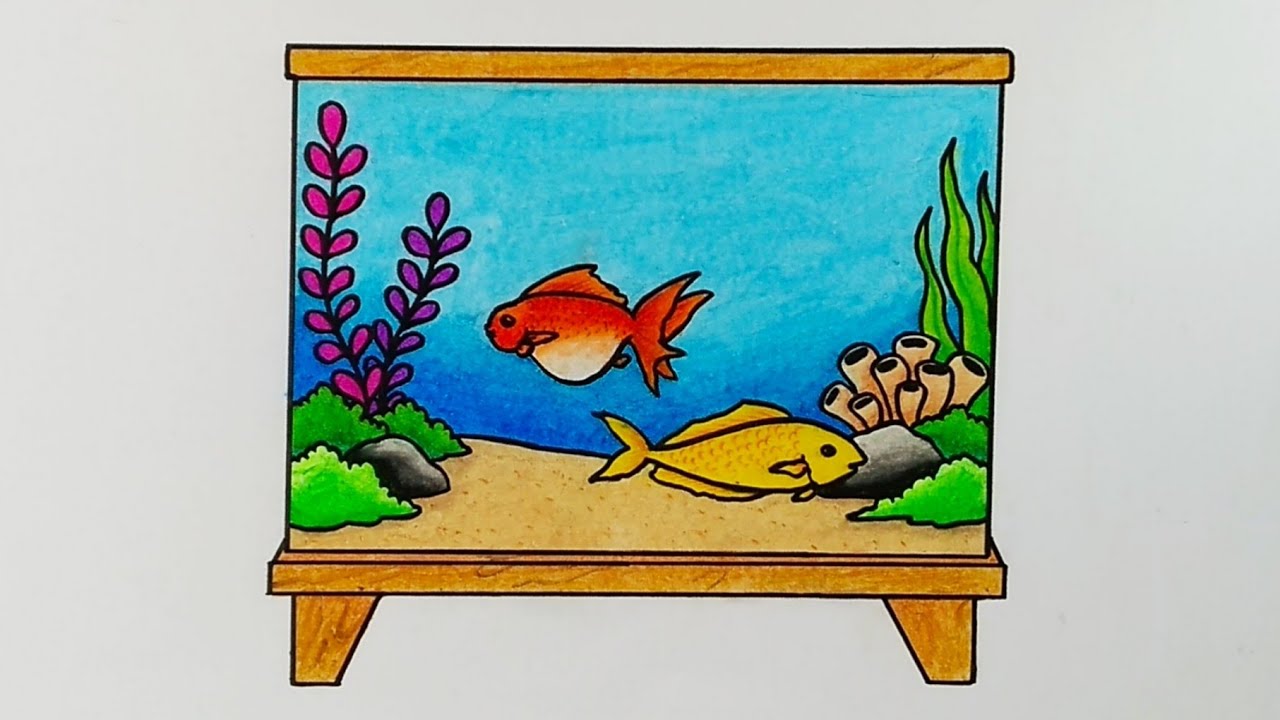 Cara menggambar aquarium || Menggambar ikan di aquarium