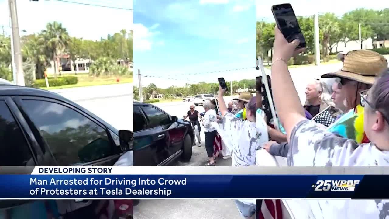Man drives car into protesters at Tesla dealership
