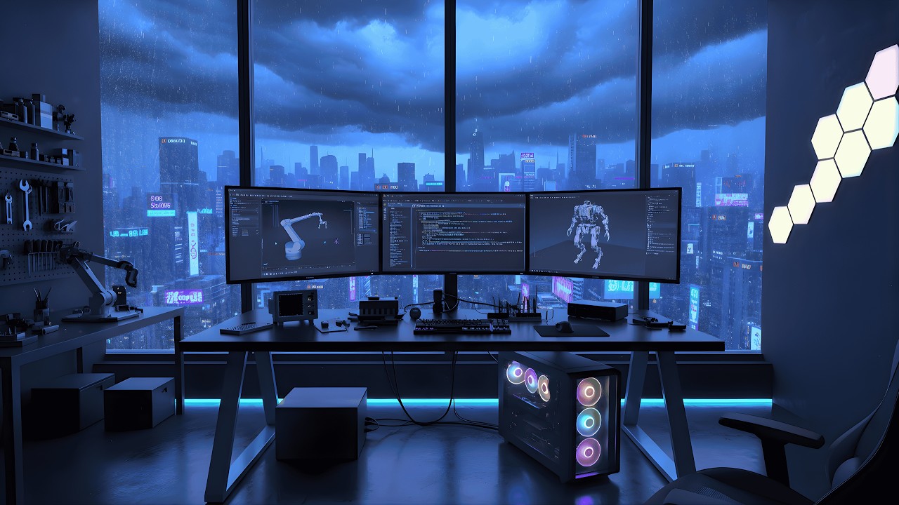 Coding the Future at Night 🌧️ Rainy City Robotics Desk | Lofi Focus Mix