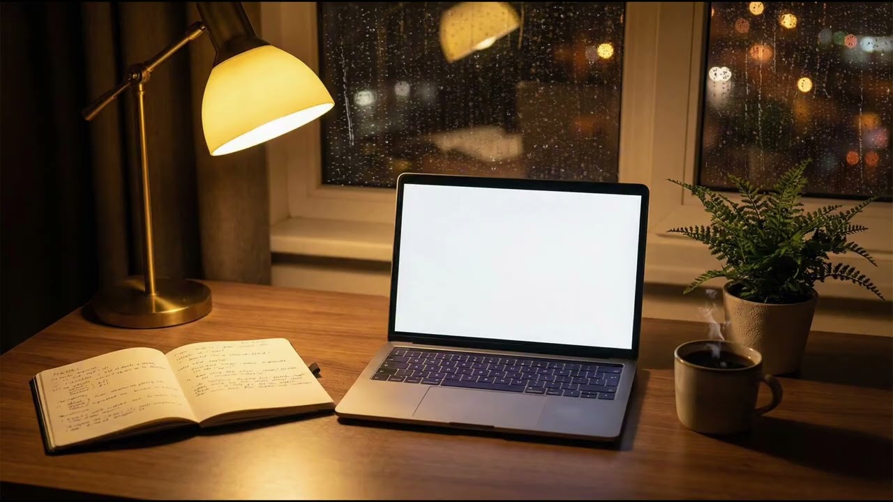 Cozy Study Desk Ambience – Rain + Soft Piano – 4K Lo-Fi Chill 3 Hours