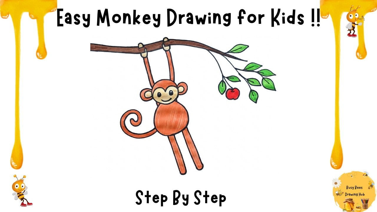 Easy Monkey Drawing for Kids | How to Draw a Cute Monkey Hanging on a Tree Branch 🐒Step by Step