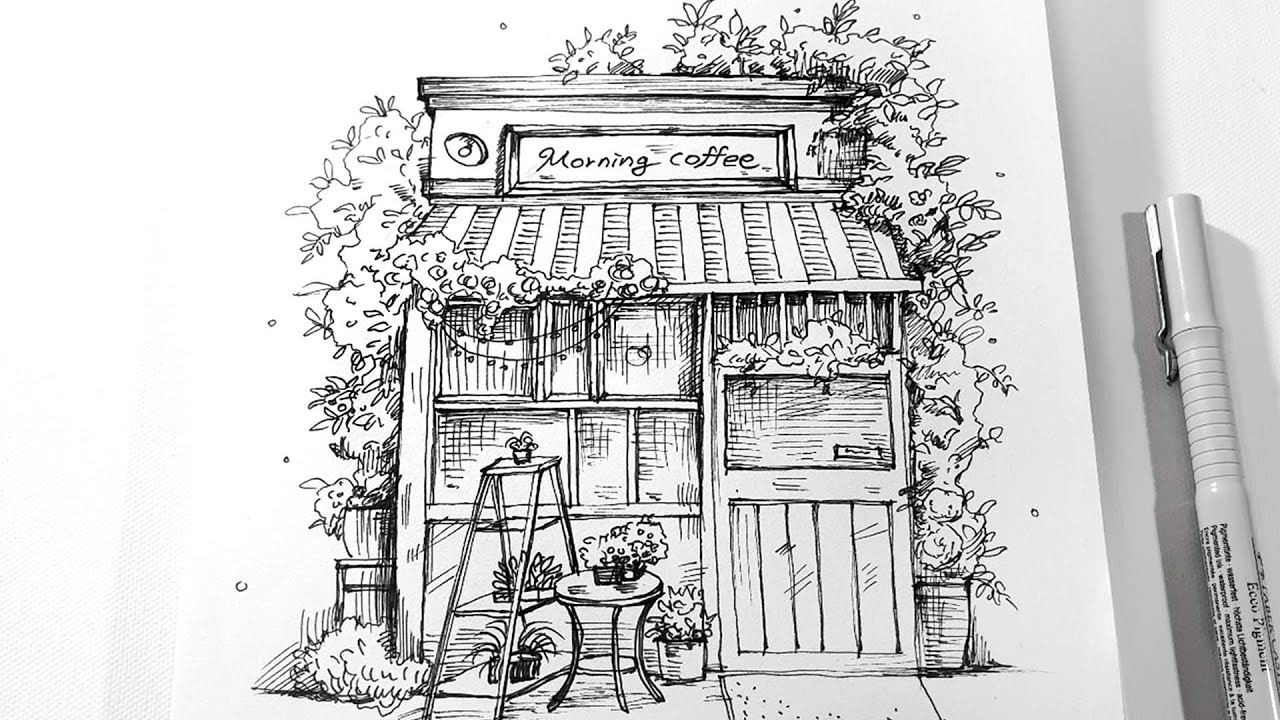 Urban Sketching Cafe - pen drawing