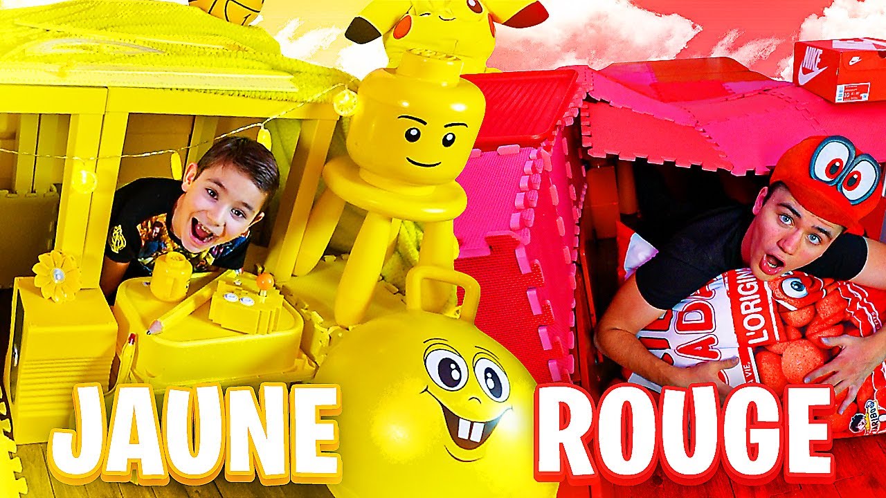 ON CONSTRUIT UNE CABANE D'UNE SEULE COULEUR JAUNE VS ROUGE ! (One Color Challenge)
