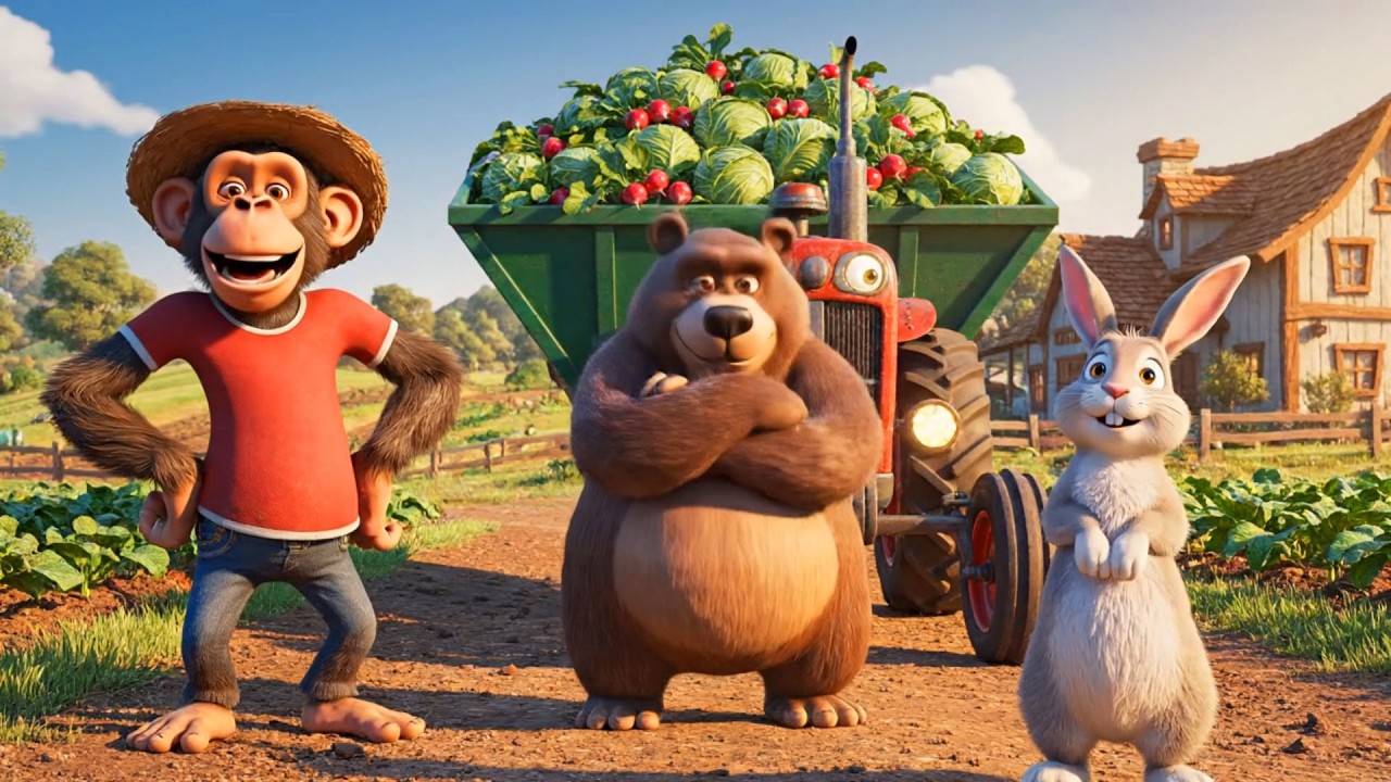 Monkey Farmer at Work Tractor Repair & Veggie Harvest | Funny Cartoon for Kids