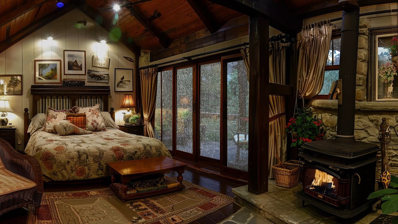 🔴Cozy Cabin Ambiance: Soothing Fireplace and Gentle Rain Sounds for Comfortable Sleep Environment
