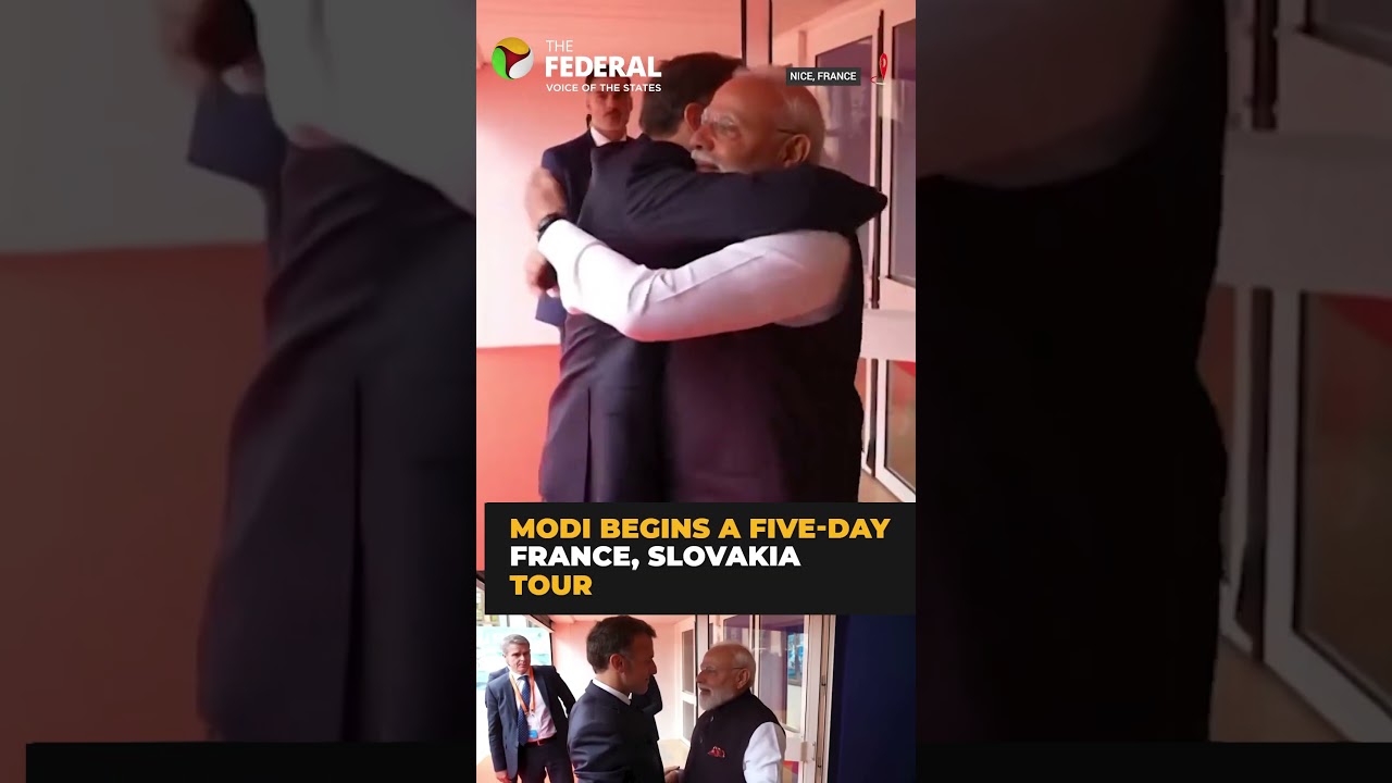 French President Macron welcomes PM Modi with warm hug | #shorts