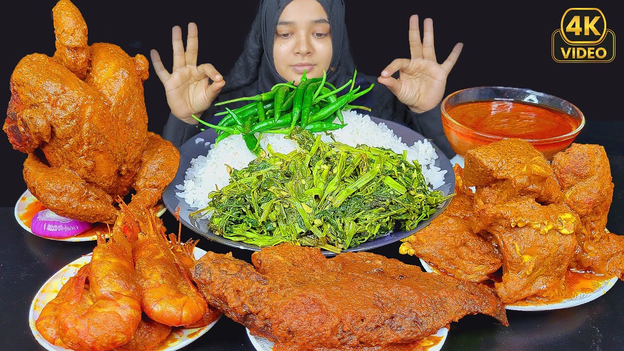 BIGBITES, EATING RICE WITH SPICY MUTTON CURRY | BIG WHOLE CHICKEN CURRY, SHRIMP FISH CURRY *ASMR