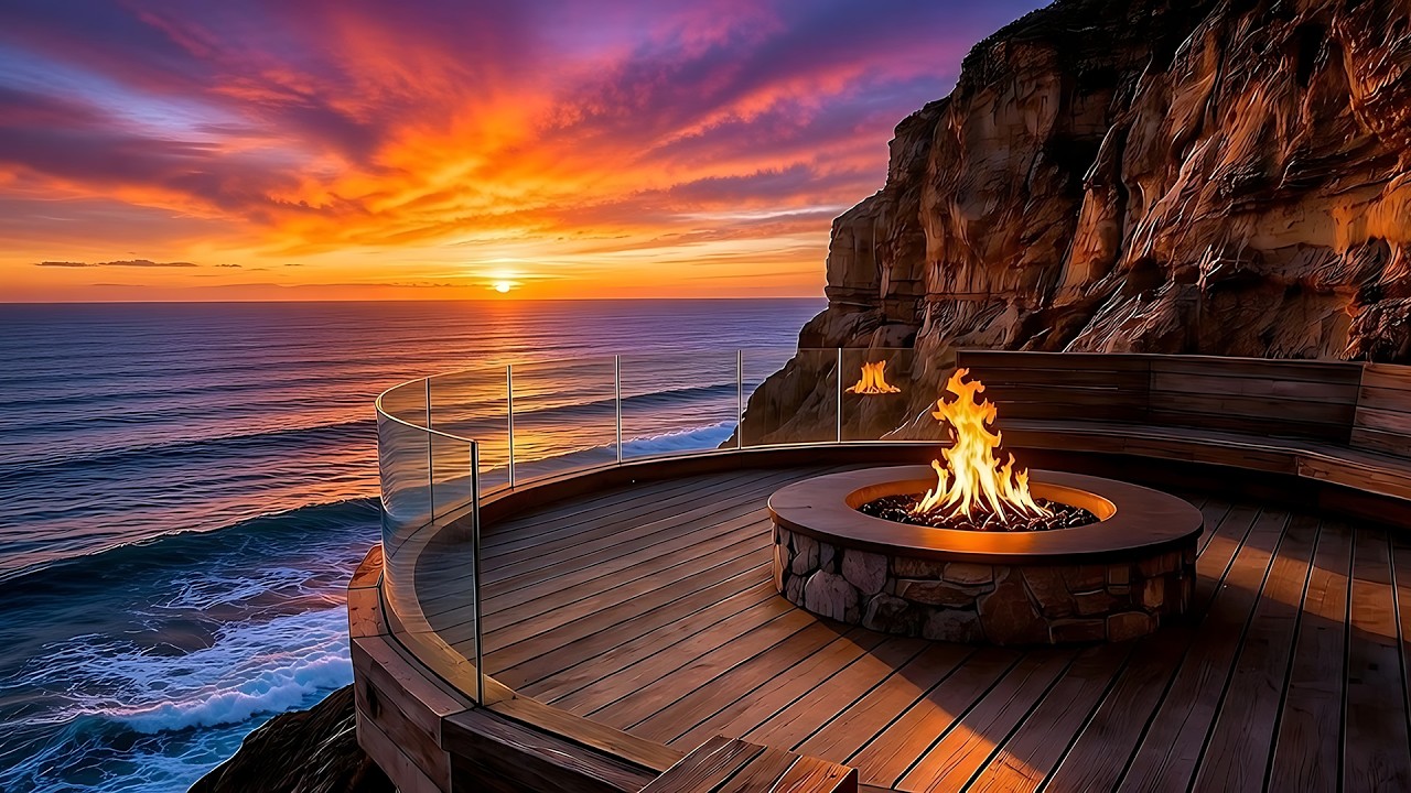 Cozy Cliffside Wooden Terrace | Fire Pit Glow & Gentle Ocean Waves at Sunset | 1 Hour