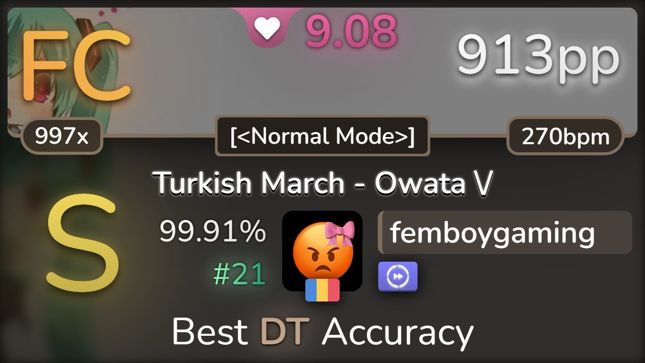 [banned] 9.1⭐femboygaming | OwataP - Turkish March - Owata \(^o^)/ [Normal]+DT 99.91% FC #21 | 913pp