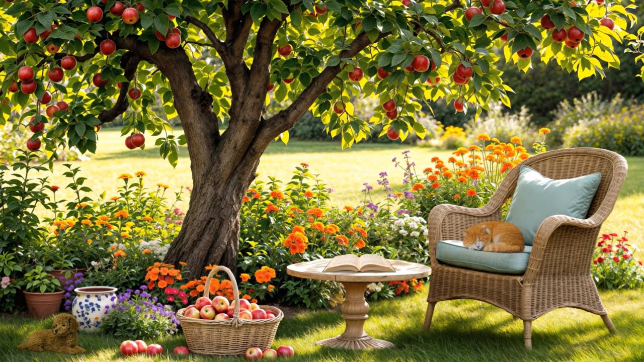 Cozy Garden Scene with Sleeping Cat & Falling Apples 🍎