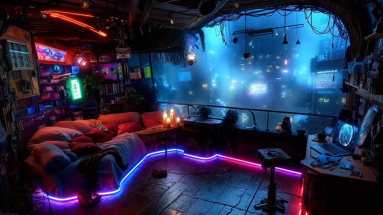 🎵 Late Night Work in Foggy City: Laptop & Open Window | Rain - Ambient Music | 4K | 10 hrs