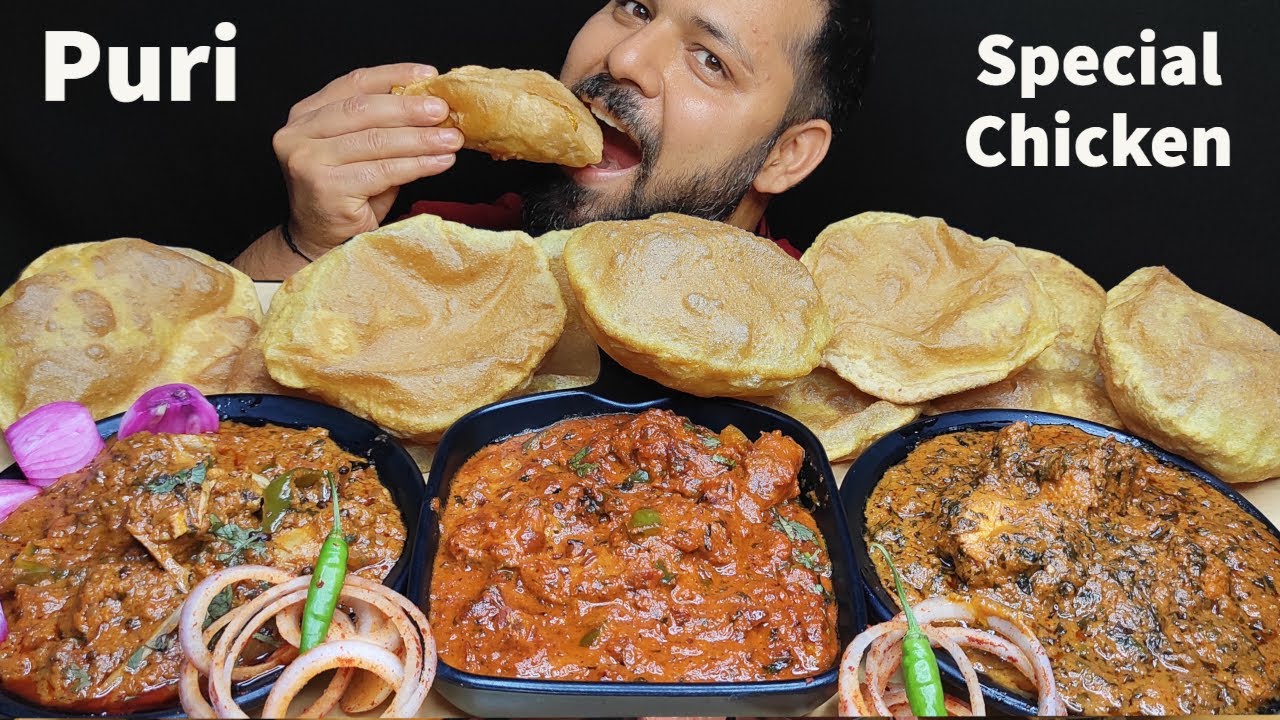 HANDI CHICKEN, METHI CHICKEN, CHICKEN BUTTER MASALA WITH PURI EATING | Chicken Curry & Puri Mukbang