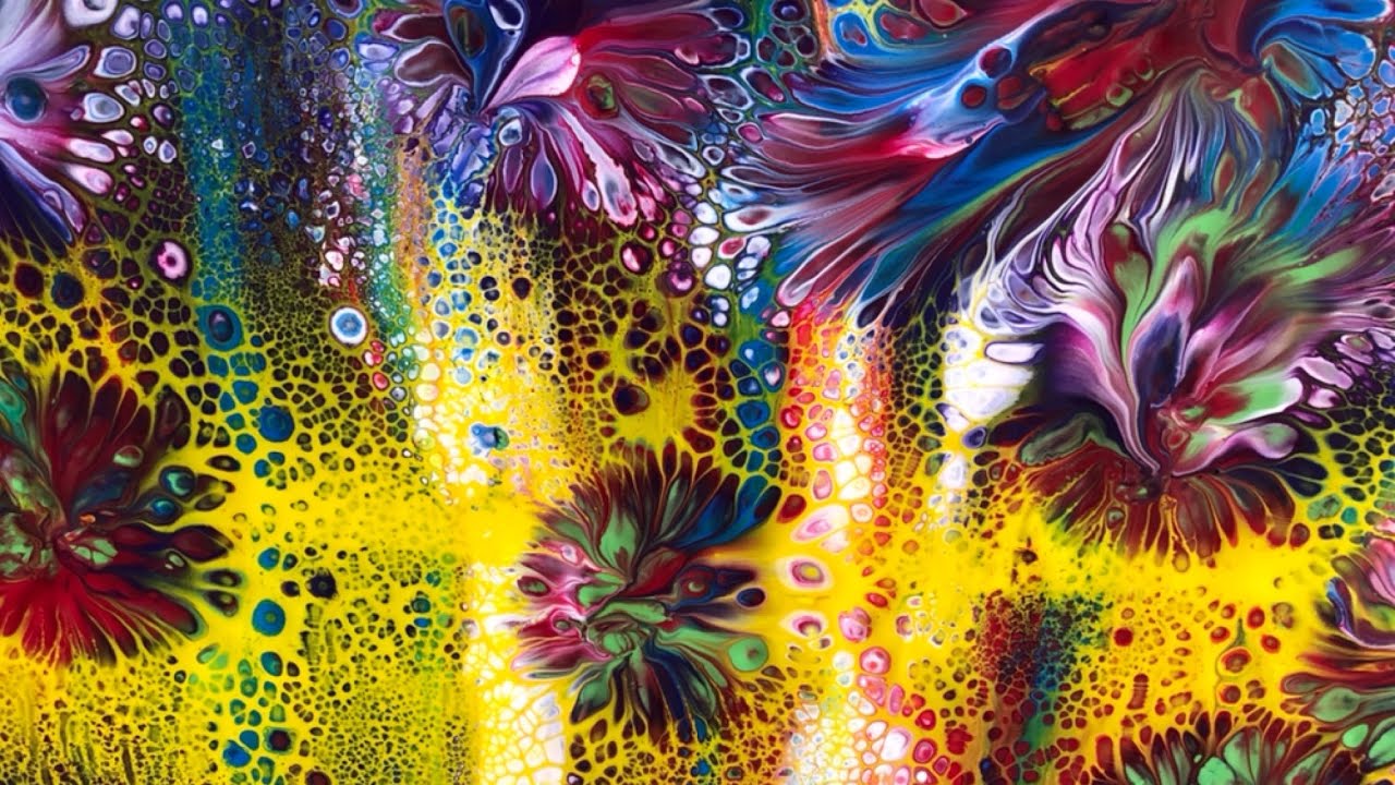 Acrylic pouring: easy abstract,Great results with Kmart pva glue, pour a swipe and balloon kissing