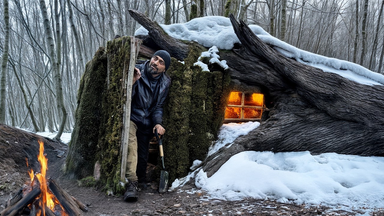 Bushcraft Shelter Under a Stump: Solo Winter Survival with Dogs