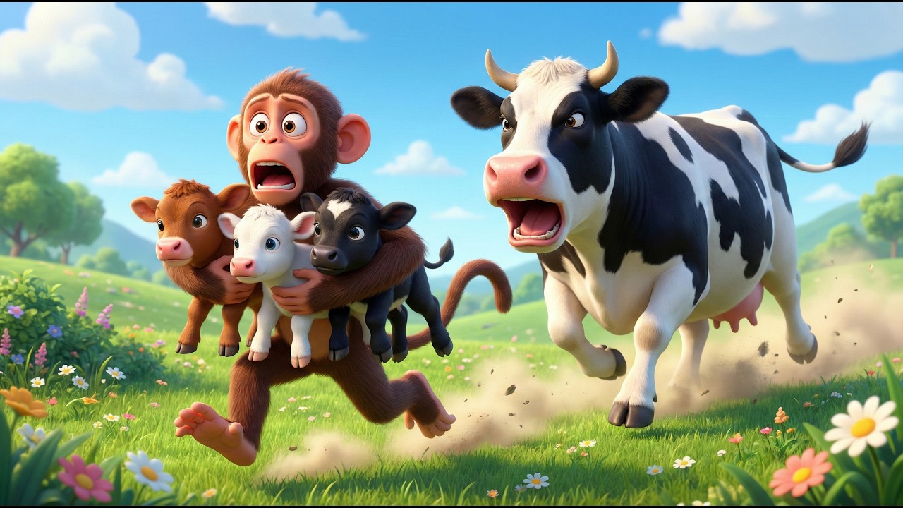 Monkey & Three Little Calves 🐒🐮| Funny Animal Best Friends ❤️