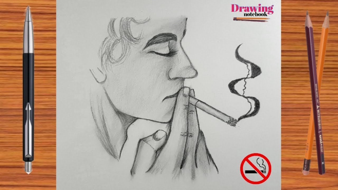 The man smokes cigarettes Drawing with pencil sketch / Smoking is dangerous do not