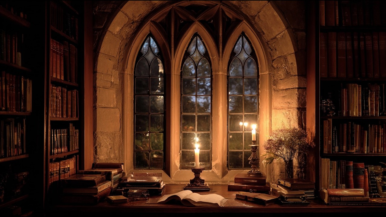 Cozy Thunderstorm at a Candlelit Library Window / Rain & Thunder Ambience