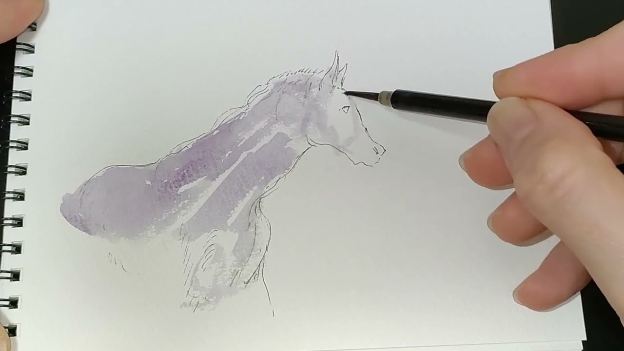 【水彩画】青色と紫色で馬を塗る。