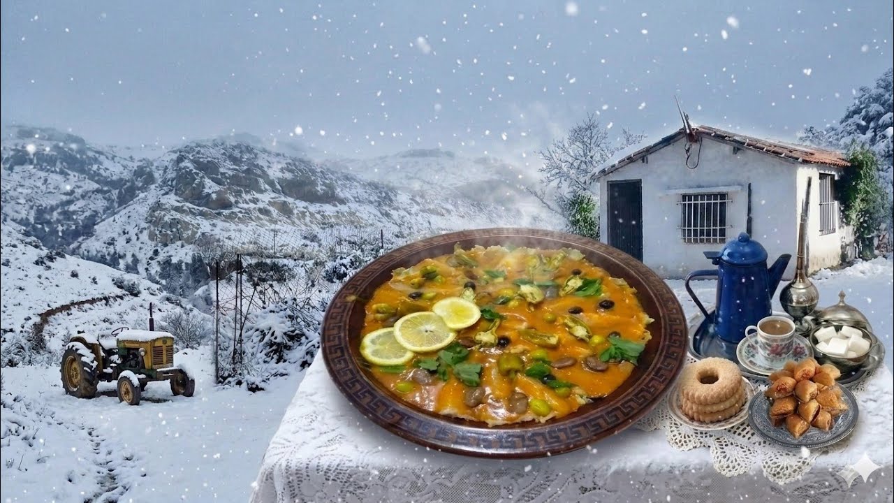 عادات وتقاليد قروية جزائرية الحسوة البسكرية في يوم مثلج مع مقروط المقلة village life 