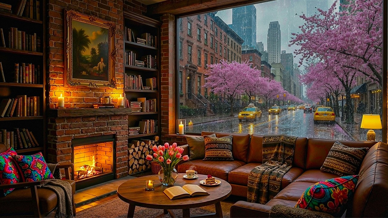 Rainy Jazz Piano with Fireplace Sounds 🌧️ Smooth Jazz Instrumental Music for Work & Relax