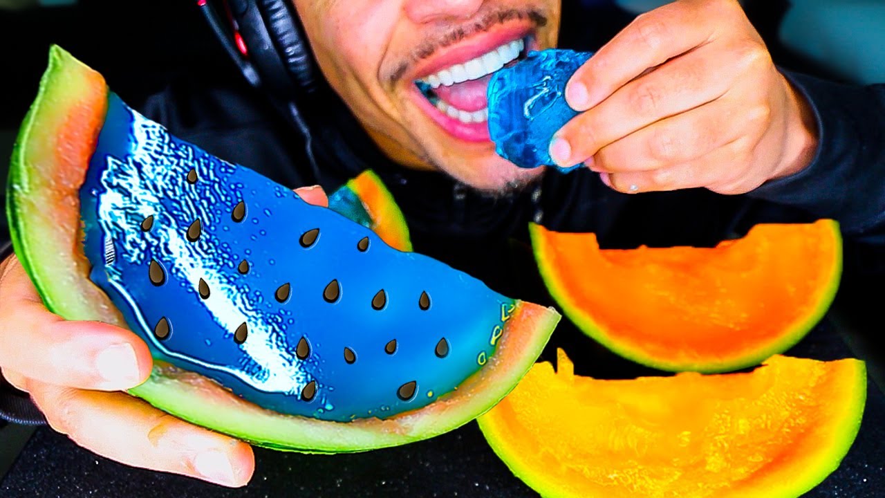 ASMR VIRAL TIK TOK LIFE HACK FOOD BLUE ORANGE JELLY WATERMELON MUKBANG NO TALKING SOUNDS EATING SHOW