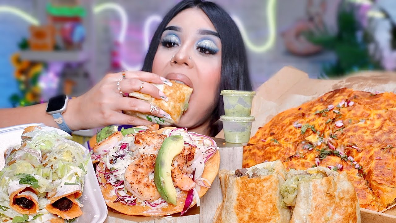 MEXICAN FOOD MUKBANG! Eating birria pizza, burritos, flautas, tostada de camaron