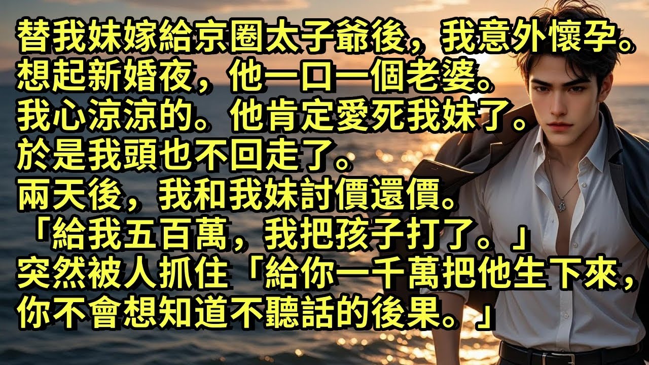 替妹妹嫁給京圈太子爺後我意外懷孕。想起新婚夜他一口一個老婆。他肯定愛死我妹了。於是我走了。兩天後我和我妹討價還價「給我五百萬，我把孩子打了。」突然被人抓住「給你一千萬生下來，你不會想知道不聽話的後果」