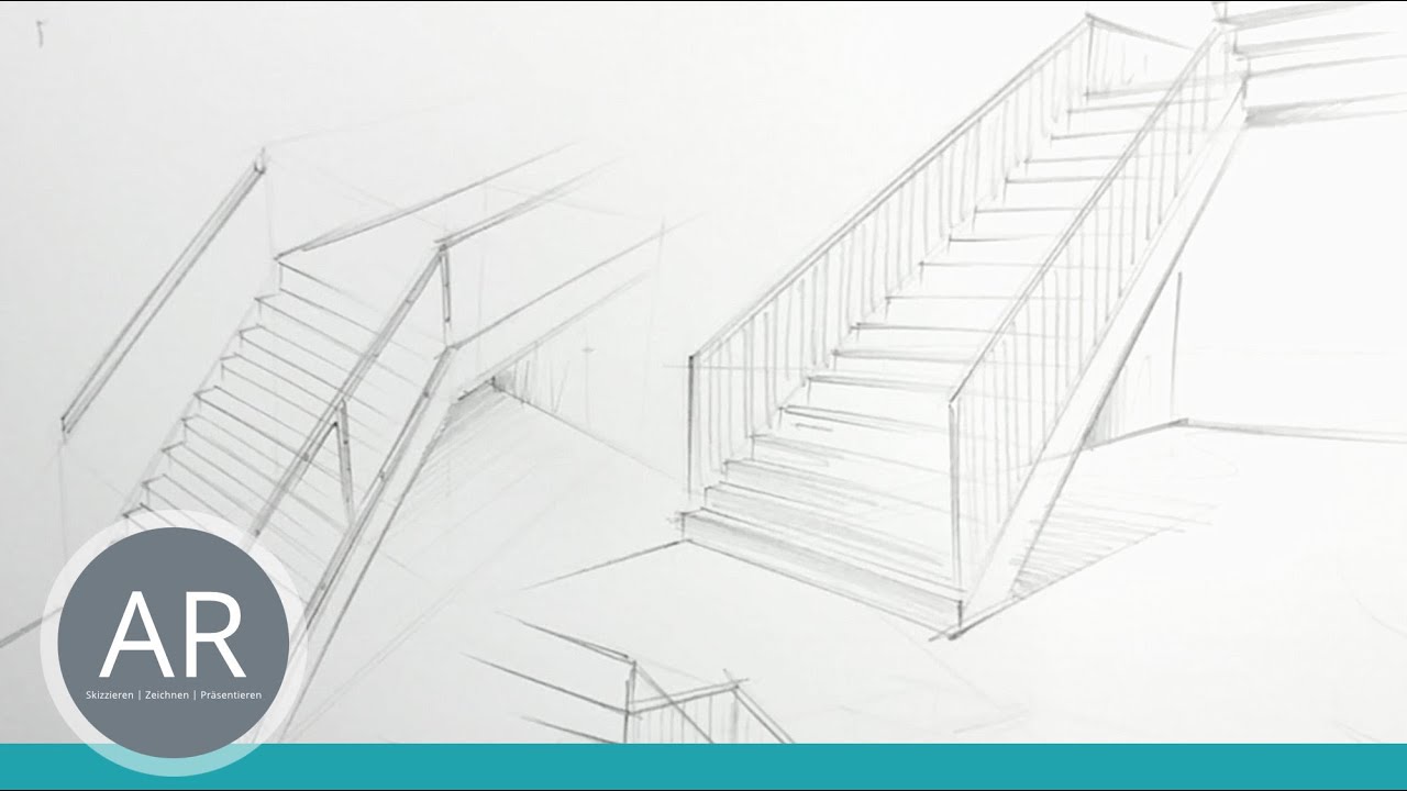 Treppe in Perspektive zeichnen. Wie zeichne ich Treppen richtig? Architektur Zeichenkurs. Mappenkurs