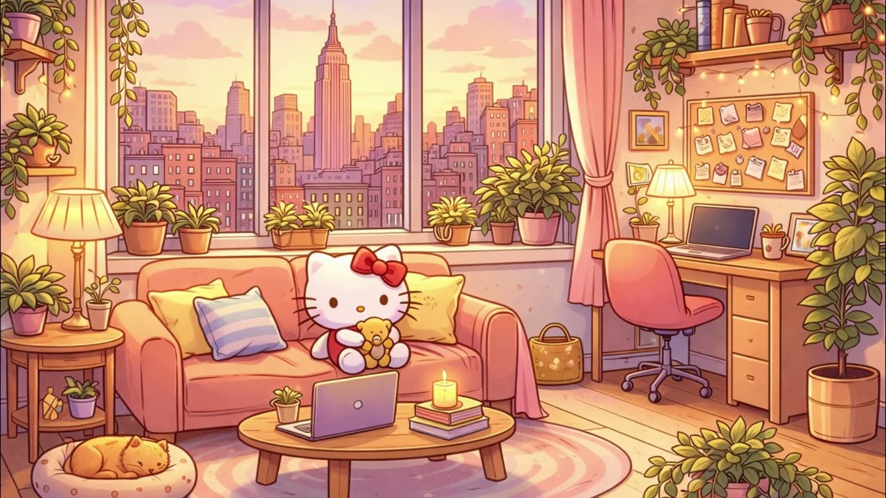 Cozy Hello Kitty Lofi Beats ☕ Cafe Aesthetic Sunset— Relax / Study / Chill