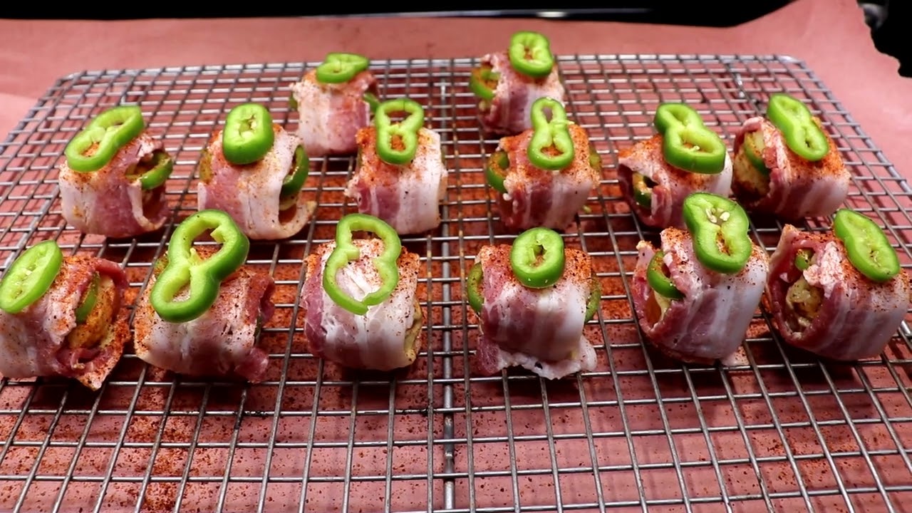 Smoked Bacon Wrapped Hatch Chile and Kielbasa Bites with Tator Tots, Mustard and Cheddar Cheese!