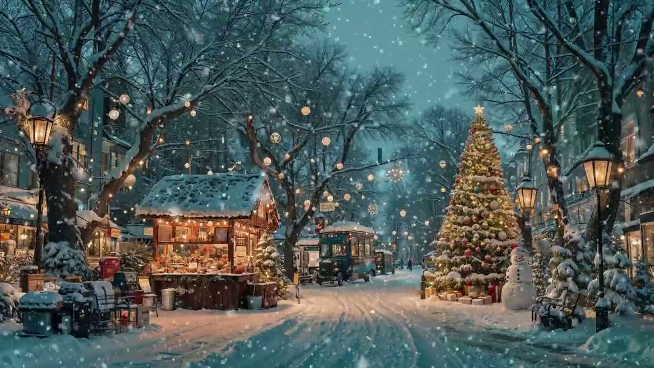 🌆 Snowy Christmas Market at Dusk - Cozy Winter Streets with Festive Lights & Peaceful Piano ❄️