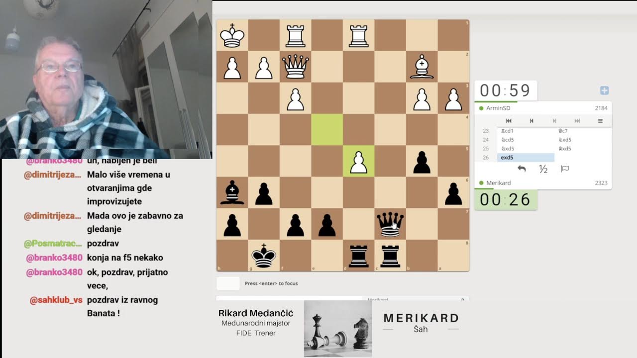 Majstor  MERIKARD  igra šah i komentira partije. Pridružite se.