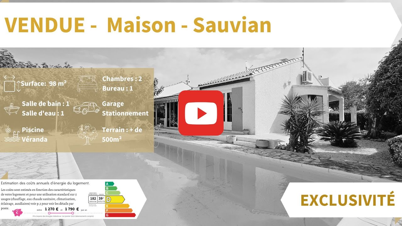 Bienvenue à... Sauvian : Maison 98m² avec jardin, piscine et garage dans une ville calme.