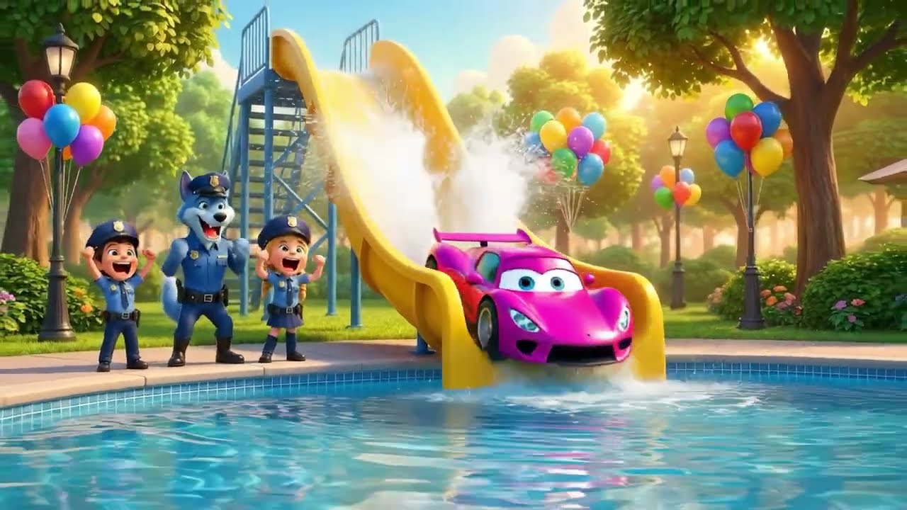 Police Car & Fire Truck vs Water Slide! 🚓🔥 Learn Colors with Street Vehicles | Blue Wolf