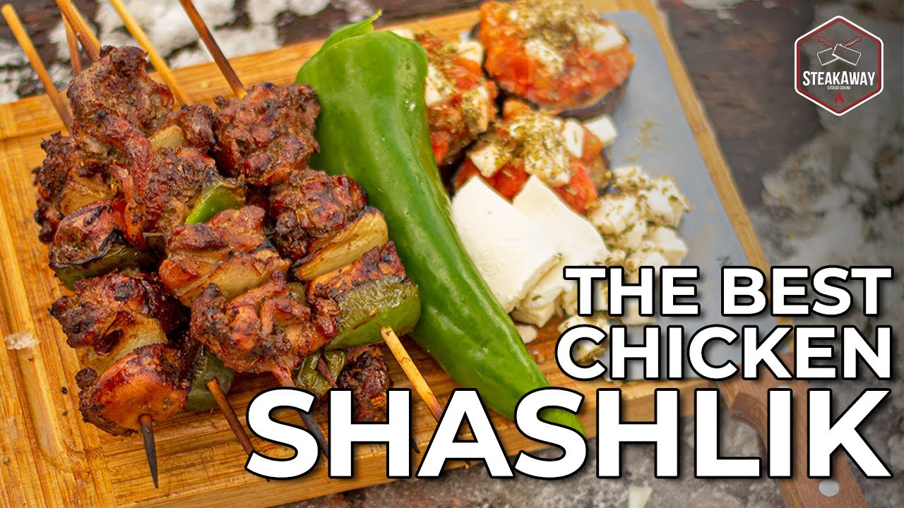 CHICKEN SHASHLIKS WITH TOMATO AND MOZZARELLA OVER GRILLED EGGPLANT