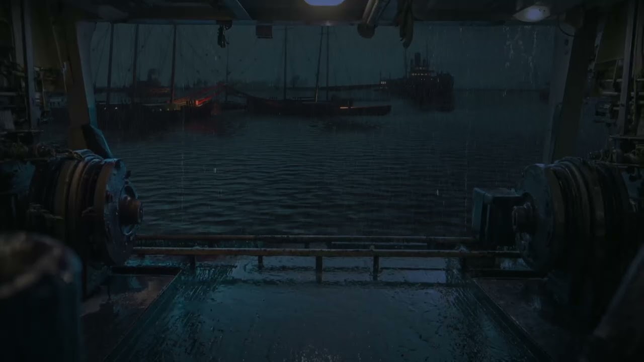 Overnight on a Small Boat | Heavy Rain on the Roof & Distant Ocean Waves for Deep Sleep