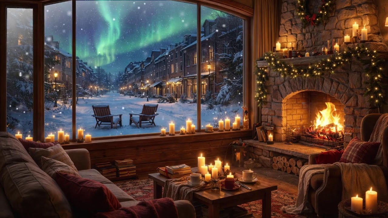 Stay Here a While 🔥 Cozy Fireplace & Snowy Town Night