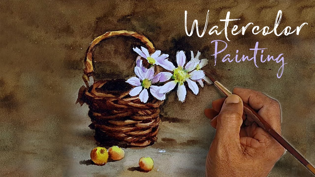 White Flowers in basket | Watercolor Still-life painting Flowers | Paint Mixing shown